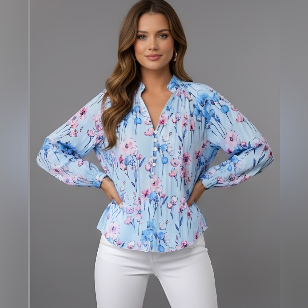 Blue Boho Pleated Floral Print Button Down Pleated Shirt